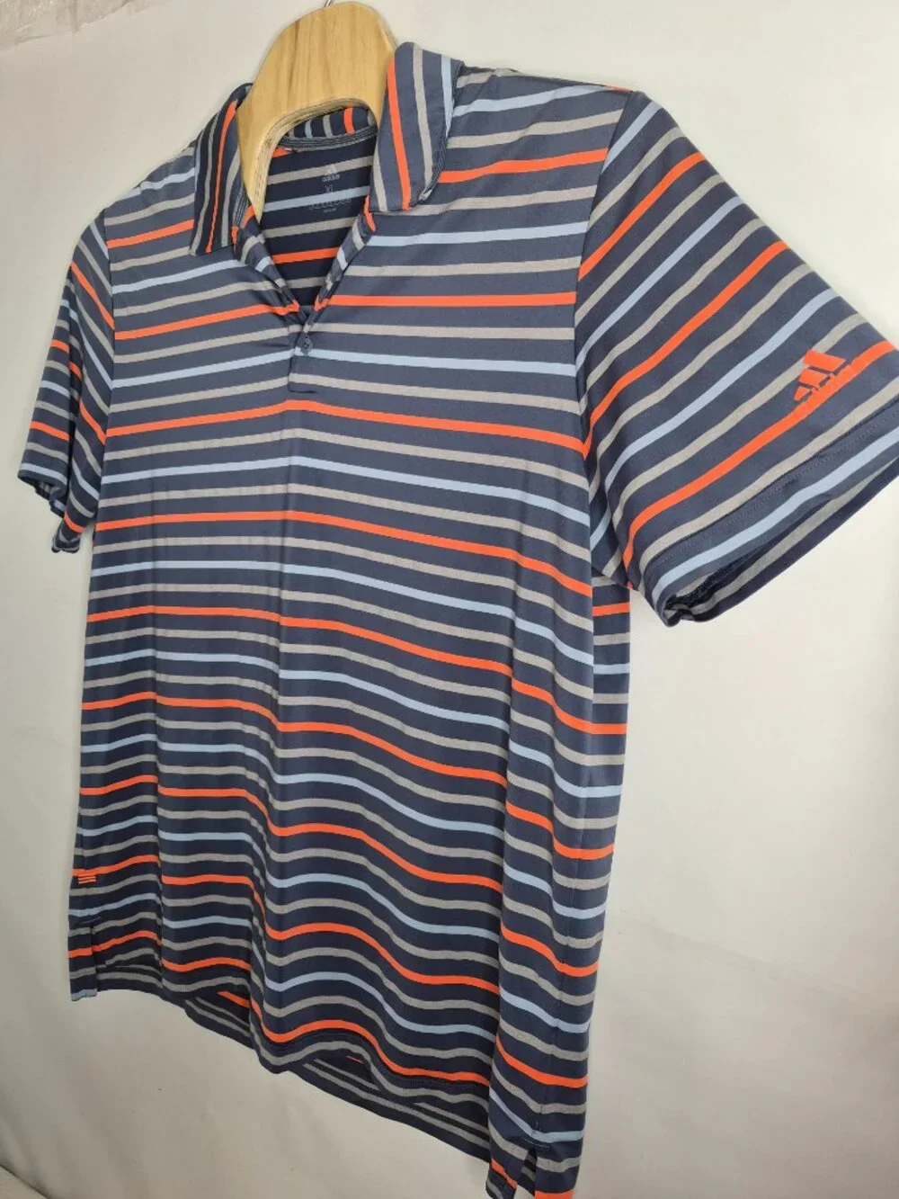 Adidas Mens XL Short Sleeve Stretchy Striped Logo Polo Shirt Blue Gray Orange
